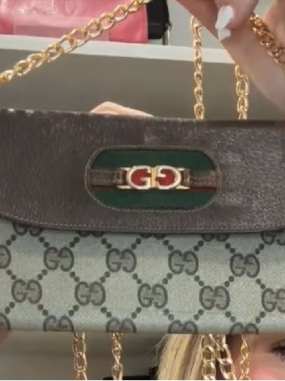 Gucci Brown & Beige GG Canvas Chain Crossbody with Gold Hardware